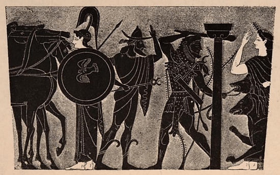 Athene, Hermes, Herakles, Kerebos und Persephone