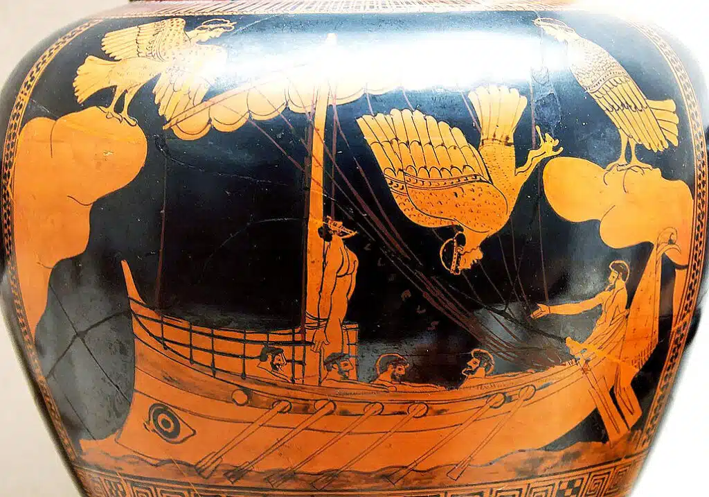 Die Irrfahrt des Odysseus besteht aus vielen Prüfungen. Hier lässt der Held sich von seinen Männern an den Mast des Schiffes binden, um dem Gesang der Sirenen zu lauschen, nicht aber handeln zu können. Umgekehrt alle seine Männer. 