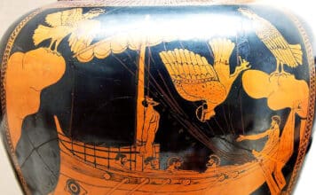 Die Irrfahrt des Odysseus besteht aus vielen Prüfungen. Hier lässt der Held sich von seinen Männern an den Mast des Schiffes binden, um dem Gesang der Sirenen zu lauschen, nicht aber handeln zu können. Umgekehrt alle seine Männer.