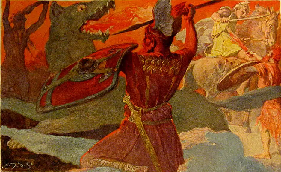 Odin und der Fenriswolf, Freyr und Surt in Ragnarök