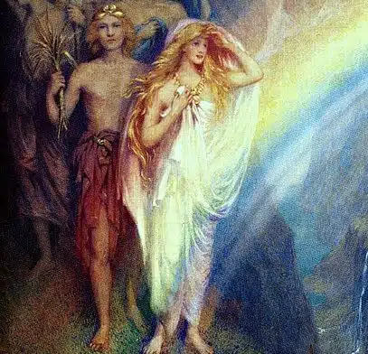Die nordischen Götter, im Vordergrund Freyr, der Gott der Liebe und Fruchtbarkeit und seine Schwester und zunächst auch Frau Freya.