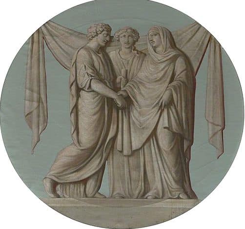 Hochzeit von Alcestis und Admetus mit Hestia in der Mitte Trauende. Hestia war eine der jungfräulichen Göttinnen der Griechen und wird Hestía gesprochen, was so viel wie Herd bedeutet. 
