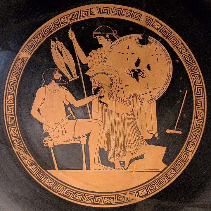 Hephaistos, der Gott des Feuers und der Schmiede, übergibt Thetis die Waffen für Achill.