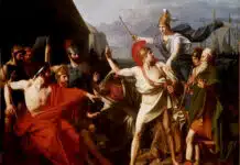 Der Zeus des Achilleus, Gemälde von Michel-Martin Drolling. Athene verhindert im letzten Moment, dass Achilles seinen Anführer Agamemnon tötet.