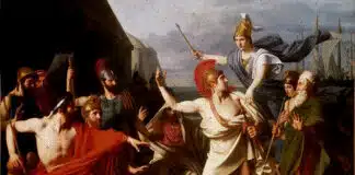 Der Zeus des Achilleus, Gemälde von Michel-Martin Drolling. Athene verhindert im letzten Moment, dass Achilles seinen Anführer Agamemnon tötet.