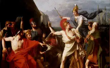 Der Zeus des Achilleus, Gemälde von Michel-Martin Drolling. Athene verhindert im letzten Moment, dass Achilles seinen Anführer Agamemnon tötet.