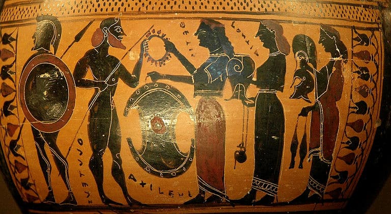 Der Held Achilleus bekommt von seiner Mutter Thetis Rüstung und Waffen, geschmiedet von Hephaistos. 