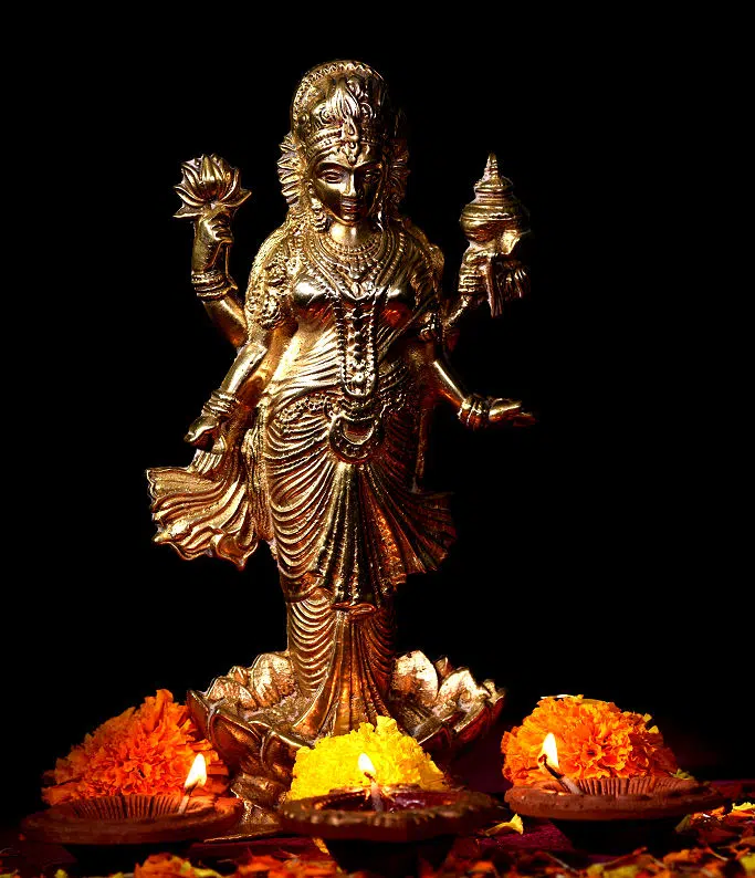 Lakshmi ist die Göttin des Reichtums, des Glücks und der Schönheit. Sie geht mit Vishnu gemeinsam durch viele Inkarnationen. 