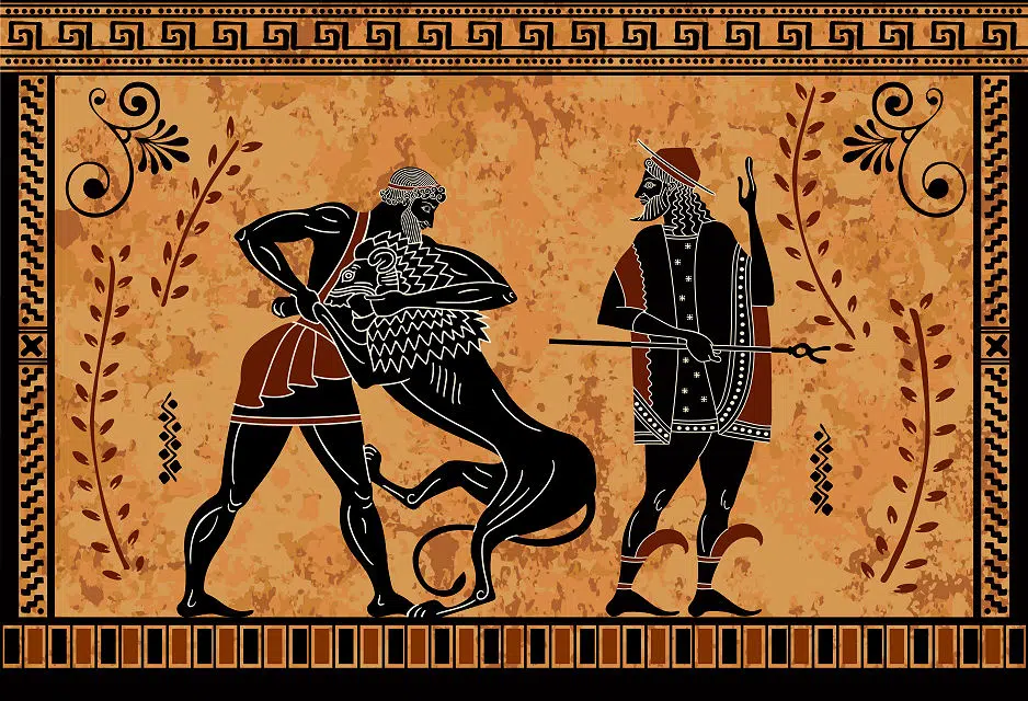 Helden und Dämonen: Herakles, der Held, kämpft mit einem seiner vielen Dämonen, einem Löwen. Rechts daneben schaut Hermes dem Kampf zu.
