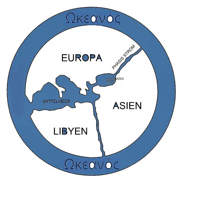 So stellten sich die alten Griechen die Welt vor: Der Ωκεανός (Okeanos) umfließt als kreisförmiger Strom die Welt, die aus drei großen Inseln rund um das Mittelmeer und das Schwarze Meer bestehen. Und Okeanos ist nicht nur das Meer ringsherum, sondern auch der Vater aller anderen Gewässer. 