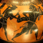 Griechische Göttinnen und Götter in der Mythologie: Artemis und Apollo wollen Herakles die Kerynitische Hirschkuh wegnehmen.