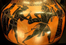 Griechische Göttinnen und Götter in der Mythologie: Artemis und Apollo wollen Herakles die Kerynitische Hirschkuh wegnehmen.