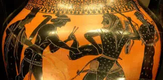 Griechische Göttinnen und Götter in der Mythologie: Artemis und Apollo wollen Herakles die Kerynitische Hirschkuh wegnehmen.