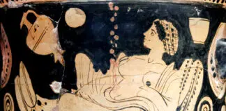 Die schöne Danaë und der Goldregen. Antike rotfigurige Vasenmalerei