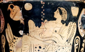 Die schöne Danaë und der Goldregen. Antike rotfigurige Vasenmalerei