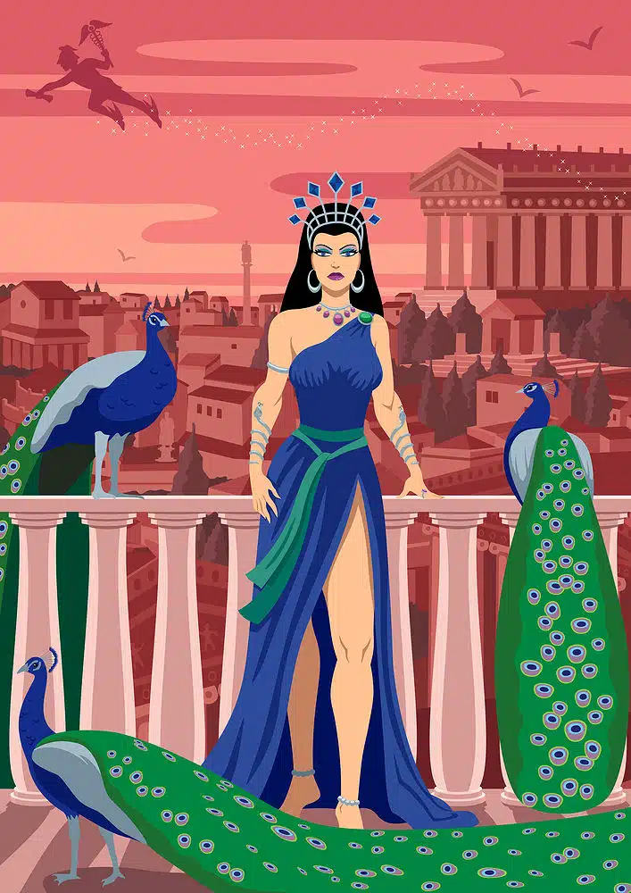 Hera, die Königin der Götter mit gleich drei Exemplaren des Tieres, das ihr heilig war - dem Pfau. 