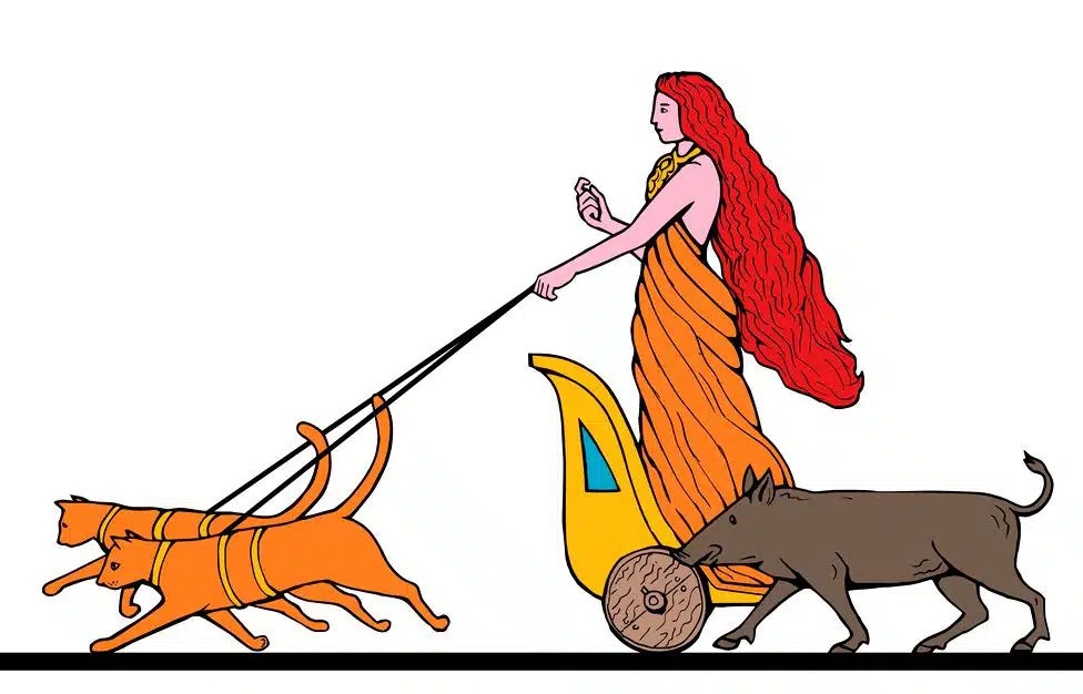 Die nordische Göttin Freya auf ihrem von Katzen gezogenen Wagen. 
