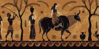Griechische und römische Götter in der Werbung - Europa (Frau in der Mitte) und Zeus (Stier, auf dem Europa sitzt.)