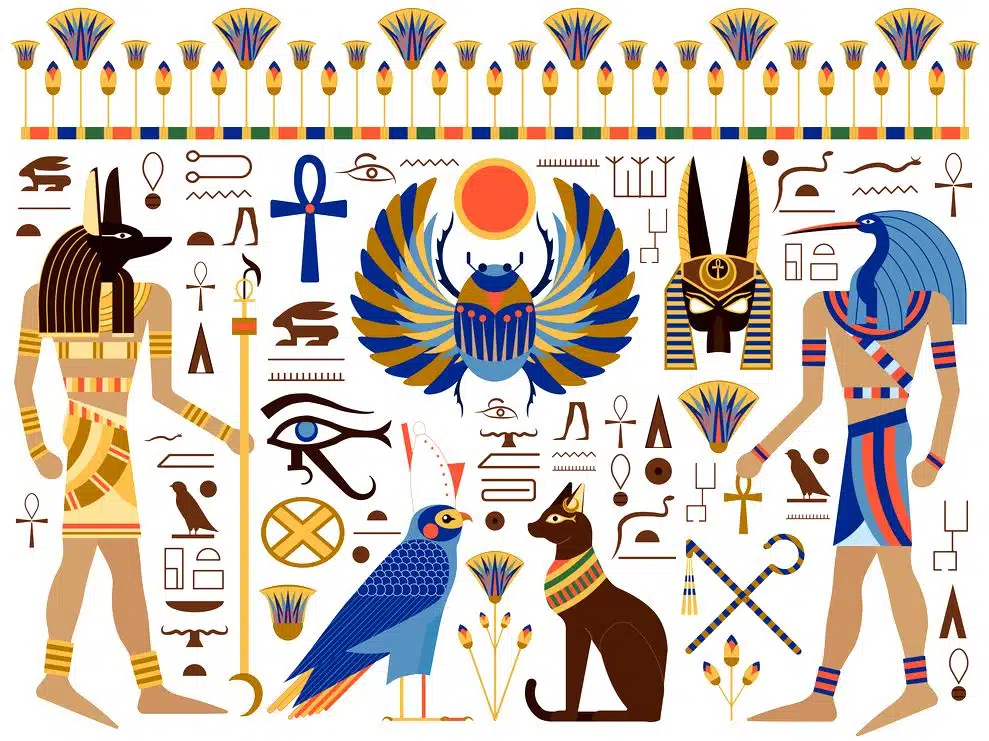 Ägyptische Götter in Tiergestalt oder als menschliche Wesen mit einem Tierkopf (Anubis und Thoth)