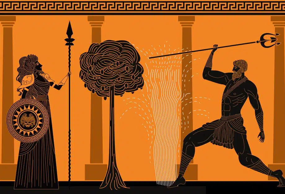 Athene und Poseidon im Wettstreit um die Schutzherrschaft für Athen.
