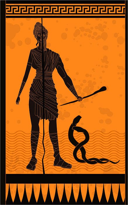 Der blinde Seher wird in dieser Keramik mit 2 Schlangen und halb Mann, halb Frau dargestellt. 