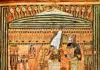 Osiris auf seinem Thron. Hinter ihm stehen seine Schwestern Isis und Nephtys.