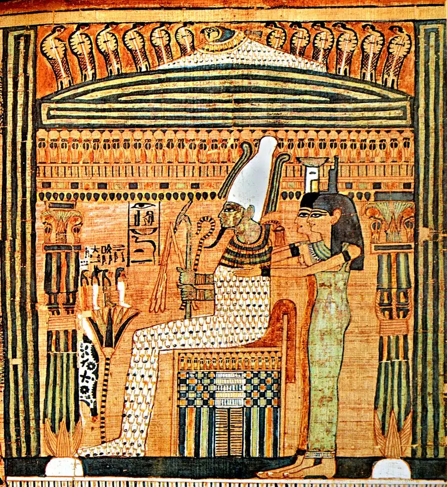 Osiris auf seinem Thron. Hinter ihm stehen seine Schwestern Isis und Nephtys.