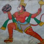 Hanuman in Eile, um seinem Herrn Rama zu helfen, Grafiti in Varanasi, der heiligen Stadt am Ganges.