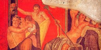 Dionysische Kulte: Dionysos mit Thyrsos, Szene aus den Dionysosmysterien, Fresko in der Villa der Mysterien, Pompeji