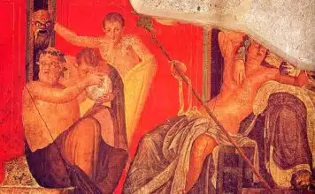 Dionysische Kulte: Dionysos mit Thyrsos, Szene aus den Dionysosmysterien, Fresko in der Villa der Mysterien, Pompeji
