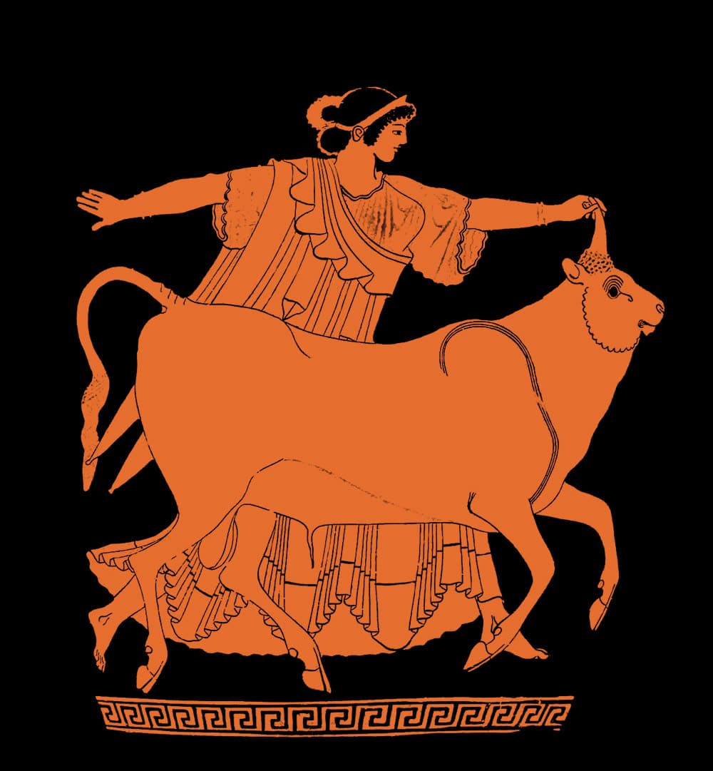 Zeus als Stier entführt Europa nach Kreta.