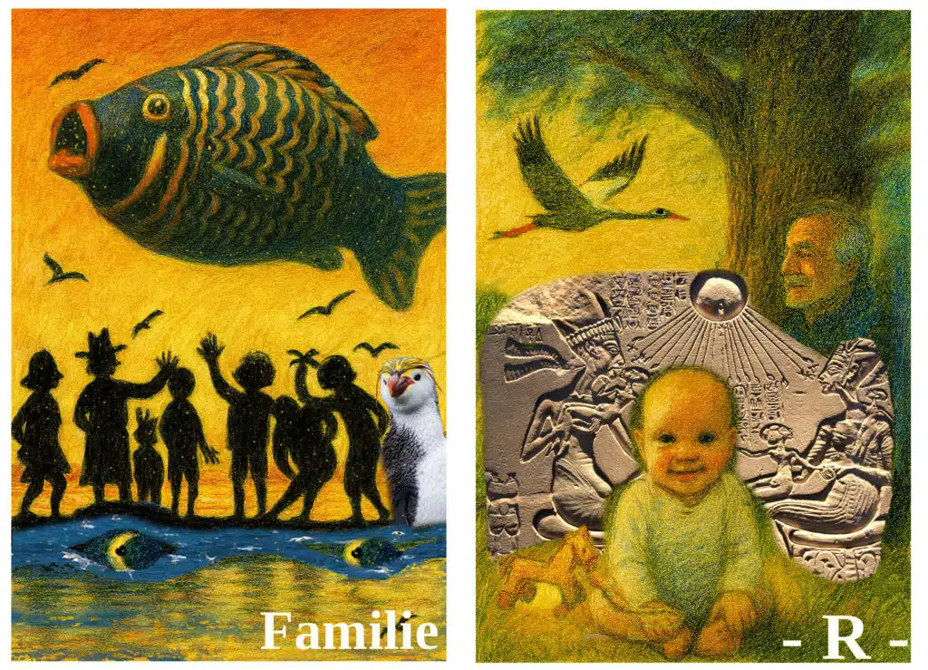 Das Daimonion-Orakel: Diese Karte des Orakels hat den Titel "Familie" und hat zwei Seiten: Links mit Titel, die Vorderseite, rechts, mit einem - R - markiert, die Rückseite. Wie alle Titel des Orakels beschreibt "Familie" keine Rolle (wie etwa der "Narr", die "Hohepriesterin" oder der "Kaiser" im Tarot, sondern Situationen, die jeder Mensch kennt.
Bildquelle: © die-goetter.de