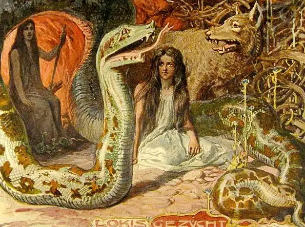 Die Totengöttin Hel mit ihren Geschwistern - der Midgardschlange und dem Fenriswolf, im Hintergrund ihre Mutter. 