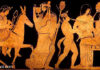 Dionysos bringt den trunkenen Hephaistos zurück auf den Olymp - zum goldenen Thron, auf dem Hera gefesselt auf ihren Sohn wartet.