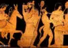 Dionysos bringt den trunkenen Hephaistos zurück auf den Olymp - zum goldenen Thron, auf dem Hera gefesselt auf ihren Sohn wartet.