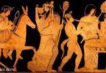 Dionysos bringt den trunkenen Hephaistos zurück auf den Olymp - zum goldenen Thron, auf dem Hera gefesselt auf ihren Sohn wartet.