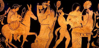 Dionysos bringt den trunkenen Hephaistos zurück auf den Olymp - zum goldenen Thron, auf dem Hera gefesselt auf ihren Sohn wartet.