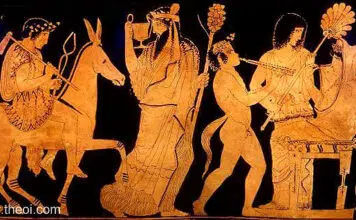 Dionysos bringt den trunkenen Hephaistos zurück auf den Olymp - zum goldenen Thron, auf dem Hera gefesselt auf ihren Sohn wartet.