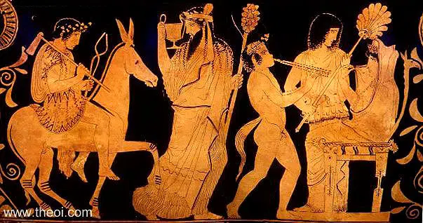 Dionysos bringt den trunkenen Hephaistos zurück auf den Olymp - zum Thron, auf dem Hera gefesselt auf ihren Sohn wartet. 
