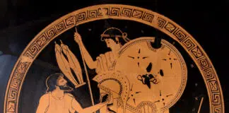 Hephaistos, Gott der Schmiedekunst übergibt Thetis, Mutter des Achill, Waffen und Rüstung für ihren Sohn.