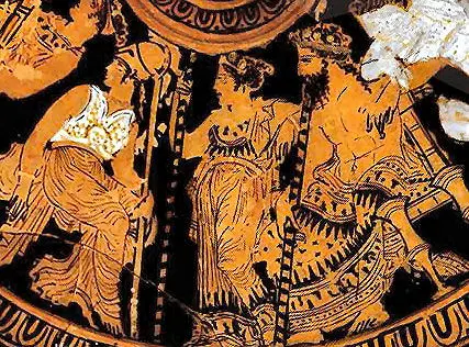Hera, Zeus und Athene, rotfigurige Keramik