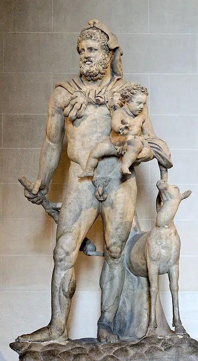 Herakles mit seinem noch sehr kleinen Sohn Telephos auf dem Arm und der Hirschkuh, die Telephos nährte.