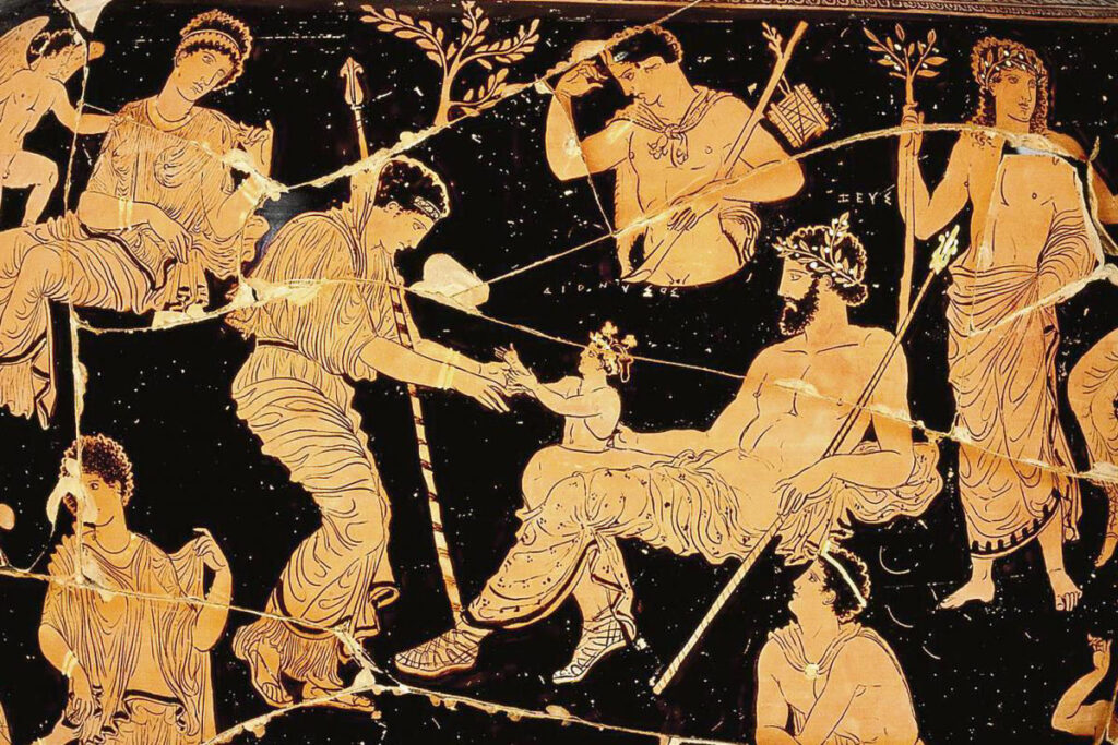 Zeus näht sich den noch ungeborenen Dionysos in seinen Oberschenkel und gebiert ihn - drei Monate später - selbst.