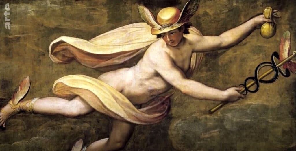 Hermes mit seinem Caduceus - Stab - der Gott als Mittler zwischen Göttern und Menschen 