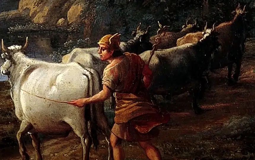 Hermes stiehlt seinem Bruder Apollon die heiligen Rinder als er gerade geboren war. 