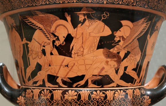 Hypnos, Thanathos und Hermes tragen den toten Sarpedon, Sohn von Zeus, aus der Schlacht bei Troja.