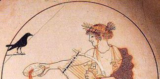 Apollon ist nicht nur Sonnengott, sondern auch Orakelgott - hier mit seiner einer Orakelschale, Lyra und seinem Raben.