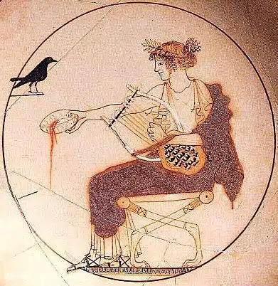 Apollon ist nicht nur Sonnengott, sondern auch Orakelgott - hier mit seiner einer Orakelschale, Lyra und seinem Raben.