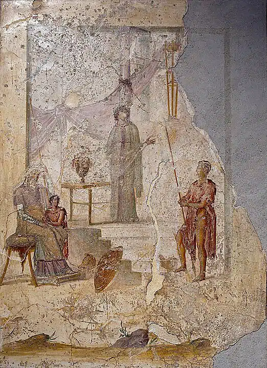 Kassandra (Mitte) sagt in Gegenwart des Priamos den Untergang Trojas voraus. (Fresko aus Pompeji, Archäologisches Nationalmuseum Neapel)