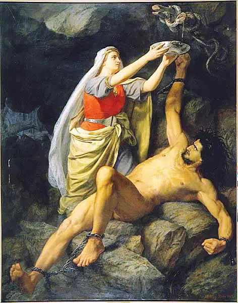 Die Frau von Loki - Sigyn - bleibt auch in seiner Gefangenschaft an dem Felsen bei ihm. Mit einer Schale fängt sie das Gift der Schlange auf. 